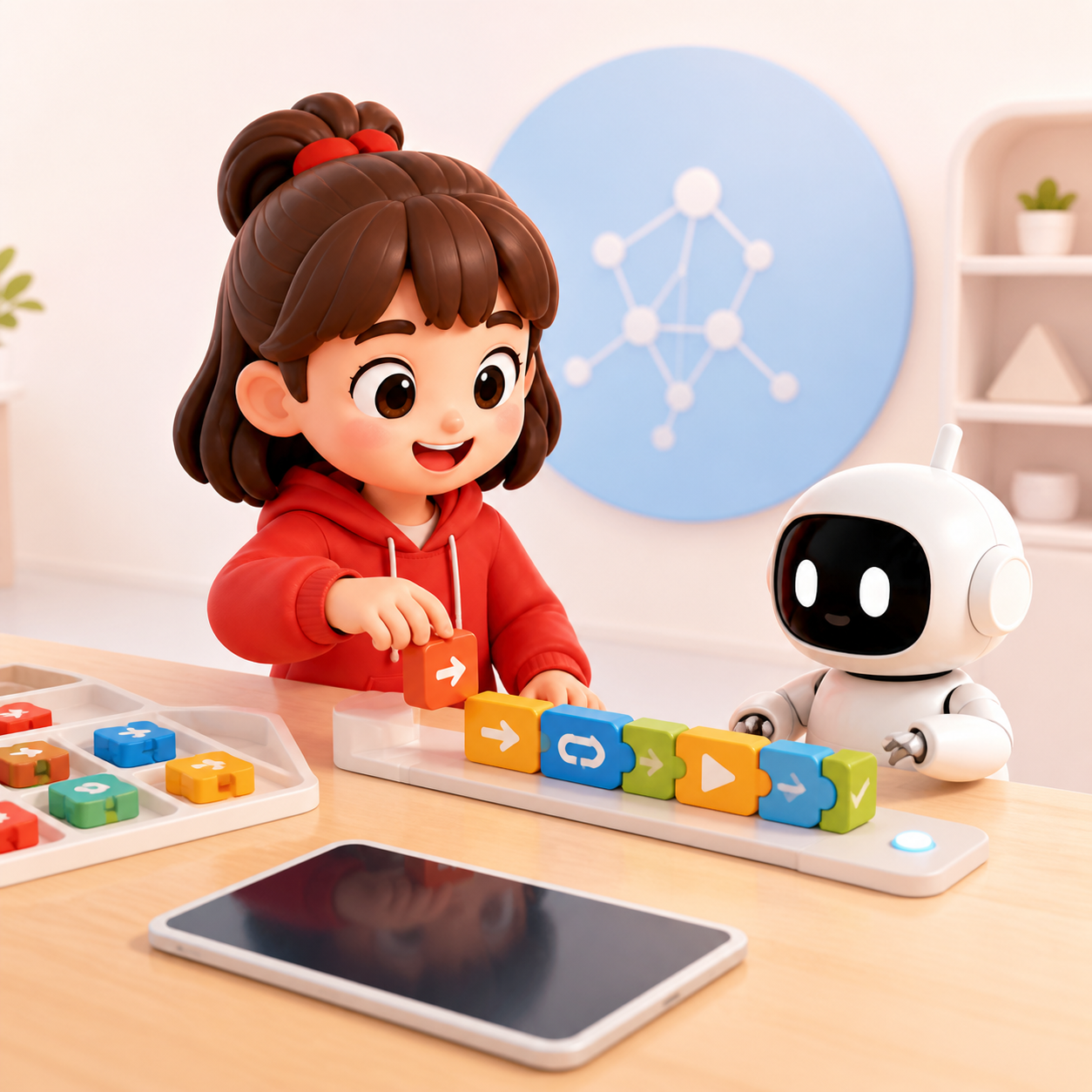 学生与机器人通过积木探索人工智能