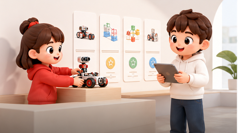 学生展示机器人作品并记录学习成果