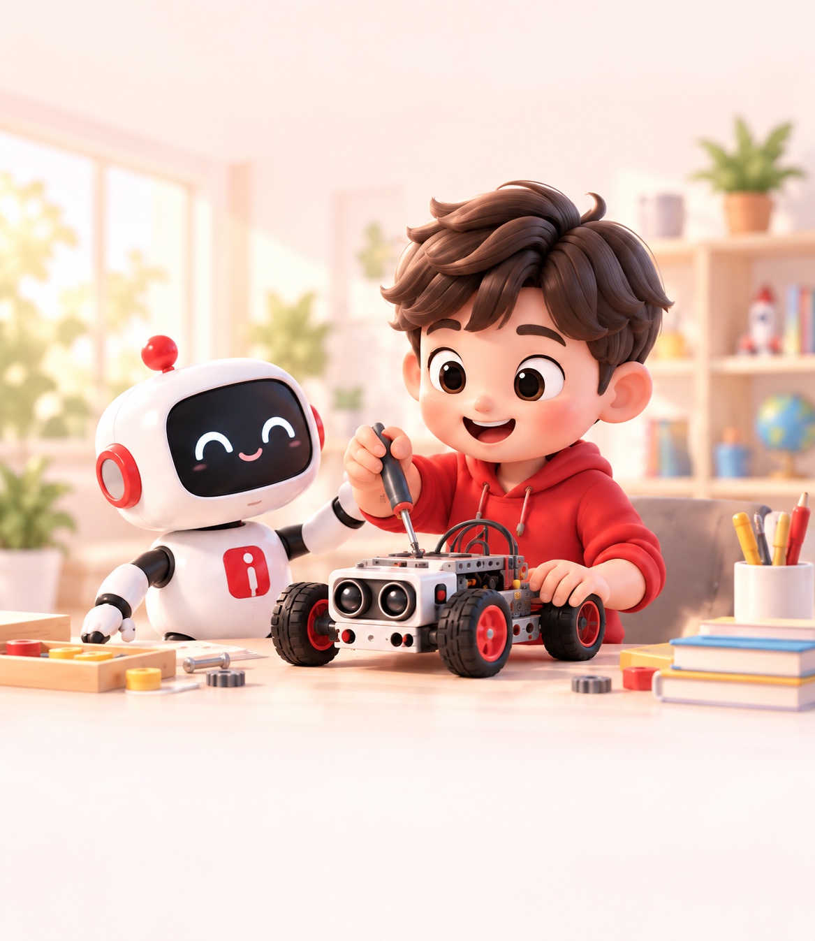 孩子与机器人一起搭建四轮机器人车