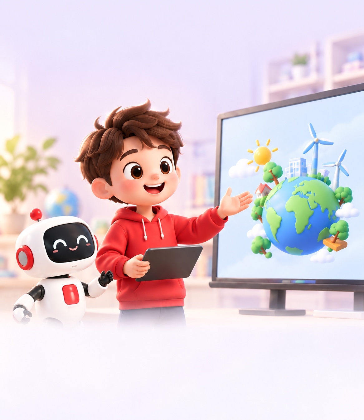 孩子拿着平板向机器人介绍屏幕上让科技创造更美好的世界主题项目